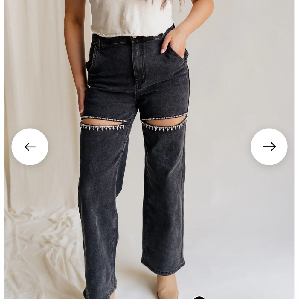 Remi Rhinestone Slit Black Jeans- medium